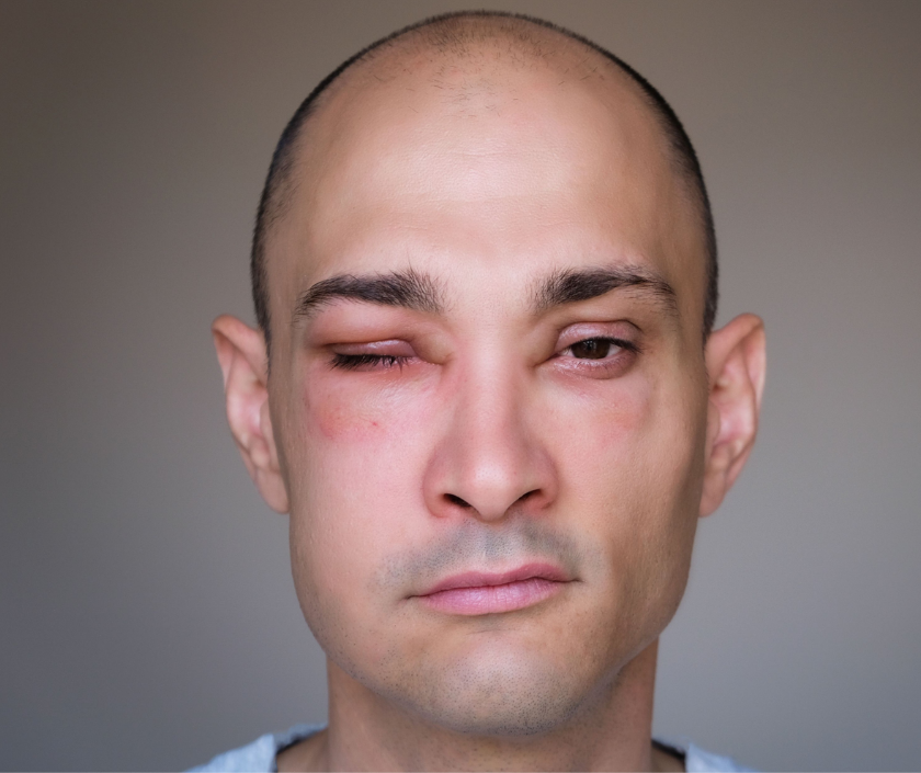 Angioedema - deep tissue swelling of lips eyes and face from allergic reaction
