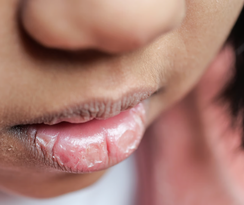 Chapped lips - dry cracked and peeling lip skin from cold weather or dehydration
