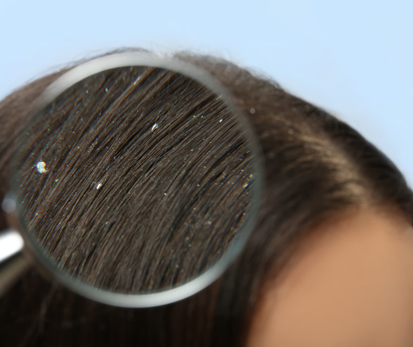 Dandruff - itchy flaky scalp with white skin flakes from seborrheic dermatitis