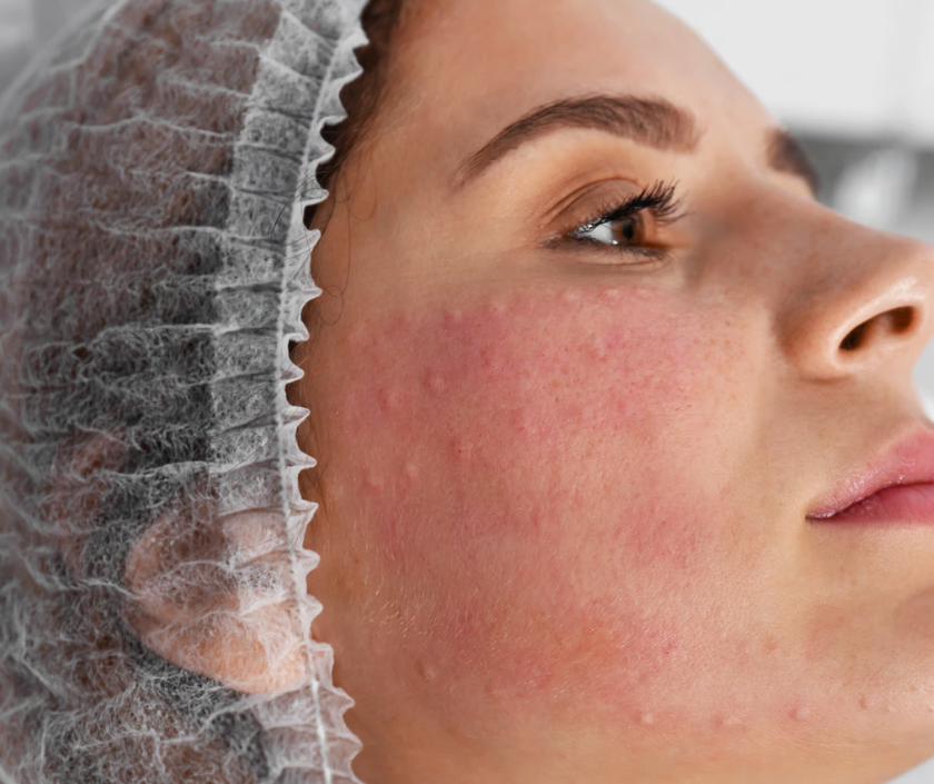 Rosacea - persistent facial redness and visible blood vessels on cheeks and nose