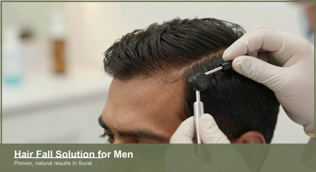Hair specialist examining the hairline and scalp of an Indian man in a Surat clinic