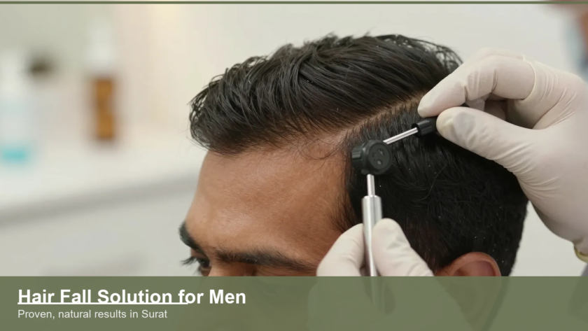 Hair specialist examining the hairline and scalp of an Indian man in a Surat clinic