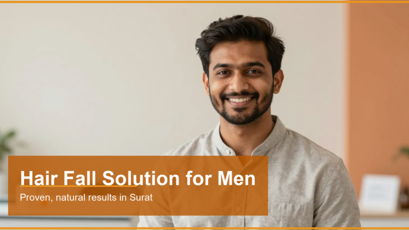 Confident Indian man with thick healthy hair in a bright modern setting in Surat