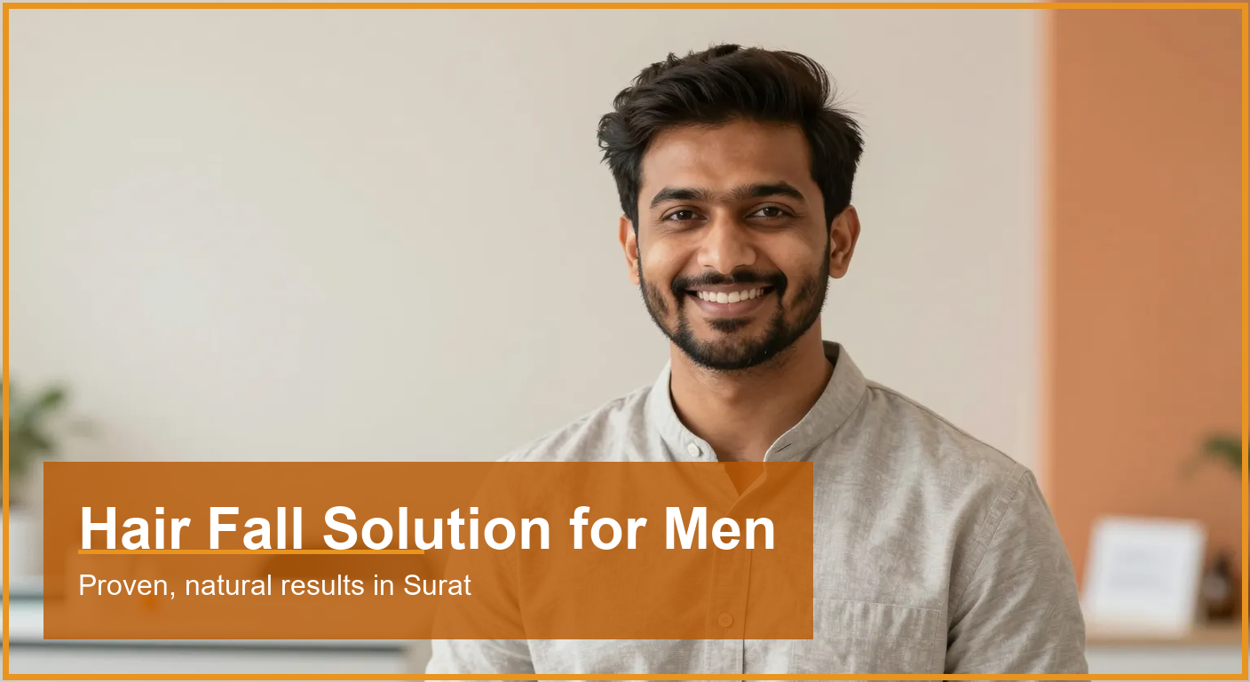 Confident Indian man with thick healthy hair in a bright modern setting in Surat