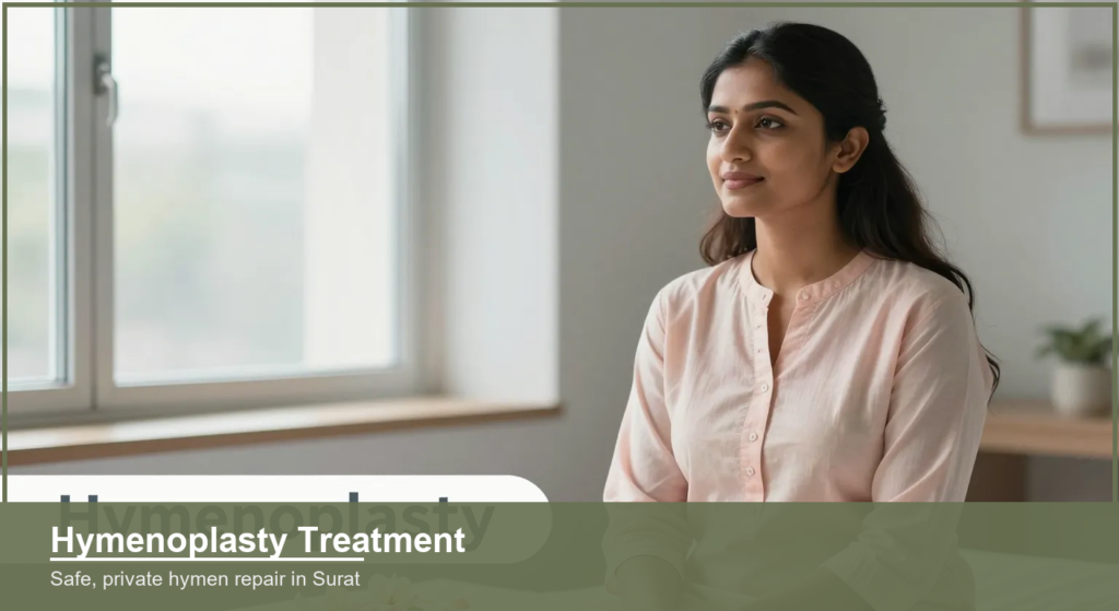 Calm confident young Indian woman by a bright window, soft pastel tones symbolising privacy and gentle recovery