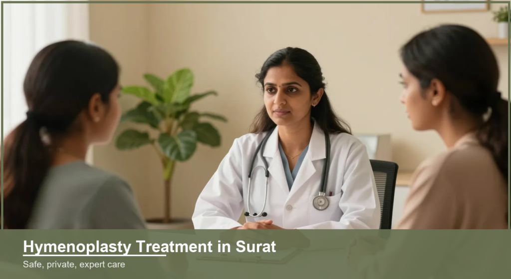Female Indian doctor in a private, discreet consultation with a woman patient in a Surat clinic