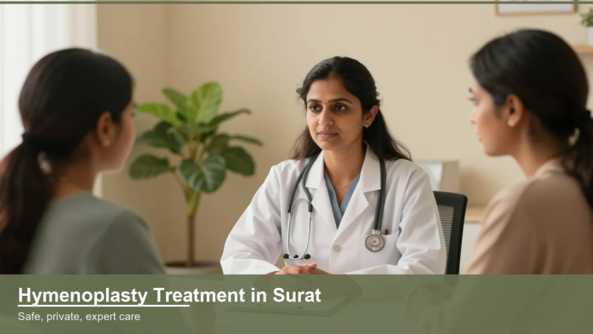 Female Indian doctor in a private, discreet consultation with a woman patient in a Surat clinic