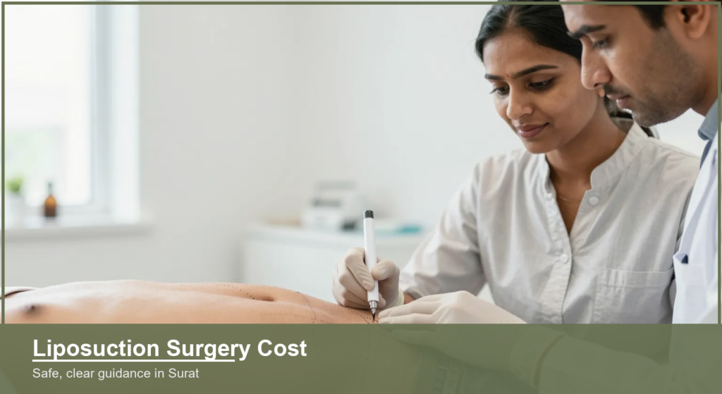Surgeon marking guide lines on a patient abdomen before liposuction body contouring in a Surat clinic