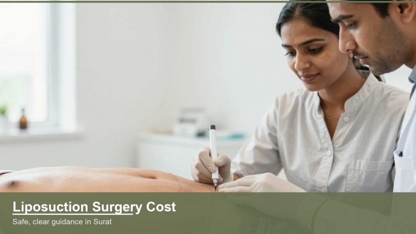 Surgeon marking guide lines on a patient abdomen before liposuction body contouring in a Surat clinic