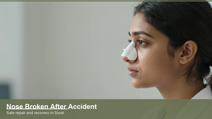 Indian woman side profile with a protective splint on her nose after a nasal injury