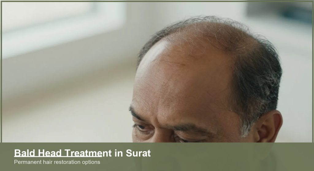 Close top view of an Indian man's scalp showing a thinning bald crown and receding hairline