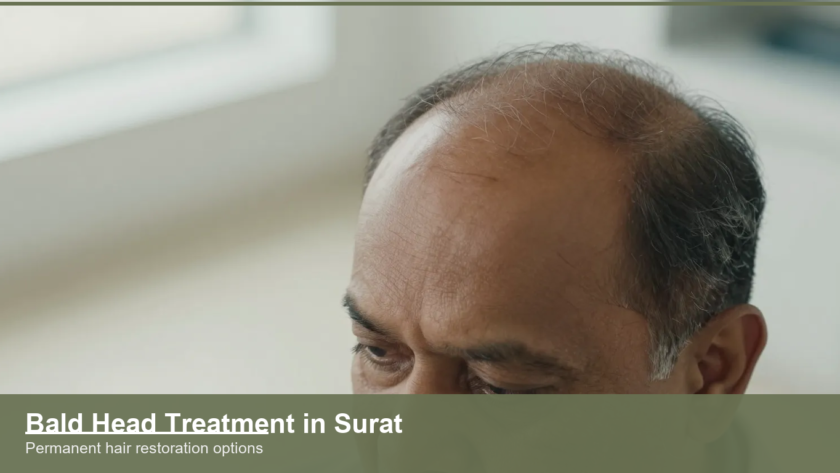 Close top view of an Indian man's scalp showing a thinning bald crown and receding hairline