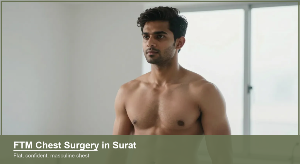 Confident young Indian man with a flat, toned masculine chest in a bright modern space