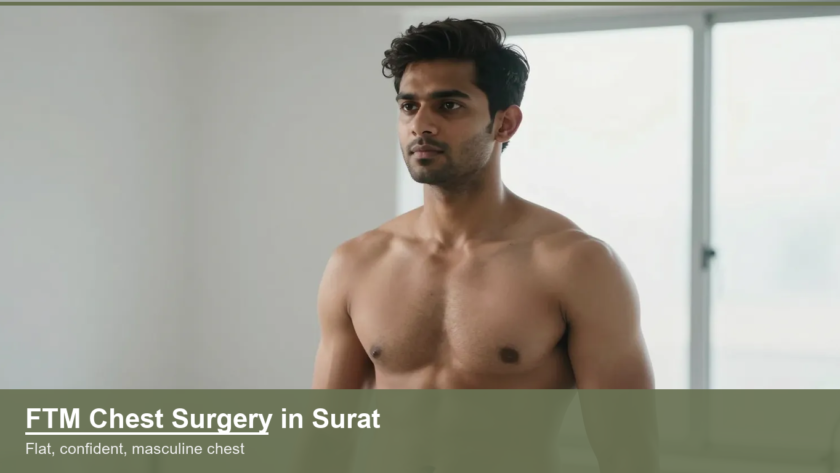 Confident young Indian man with a flat, toned masculine chest in a bright modern space