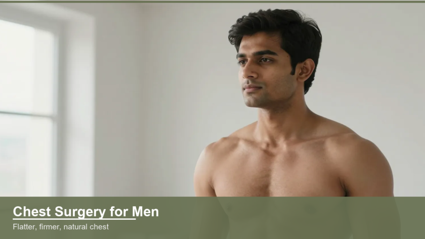 Confident Indian man showing a flat firm male chest, illustrating chest surgery for men results