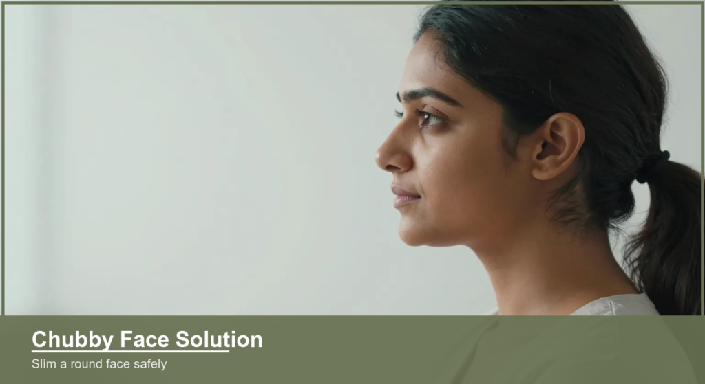 Side profile of a confident young Indian woman showing full cheek and jawline for face slimming