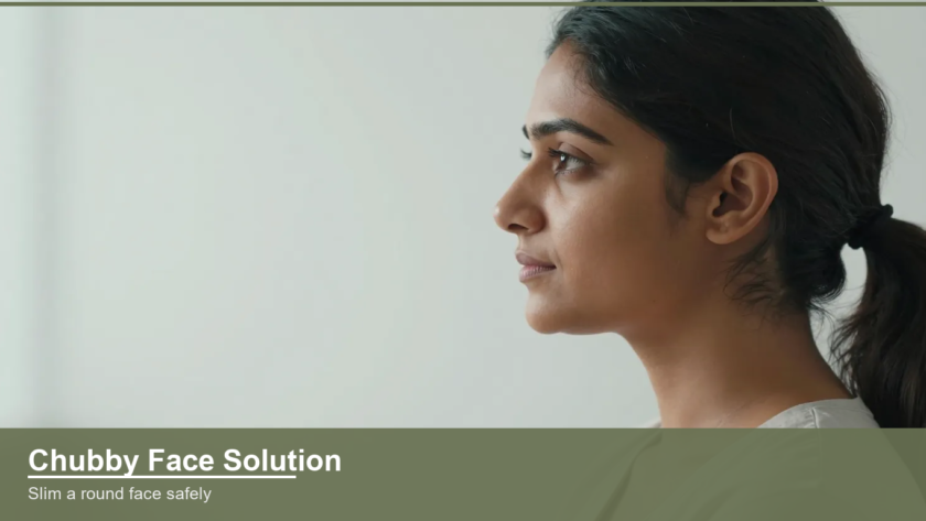 Side profile of a confident young Indian woman showing full cheek and jawline for face slimming