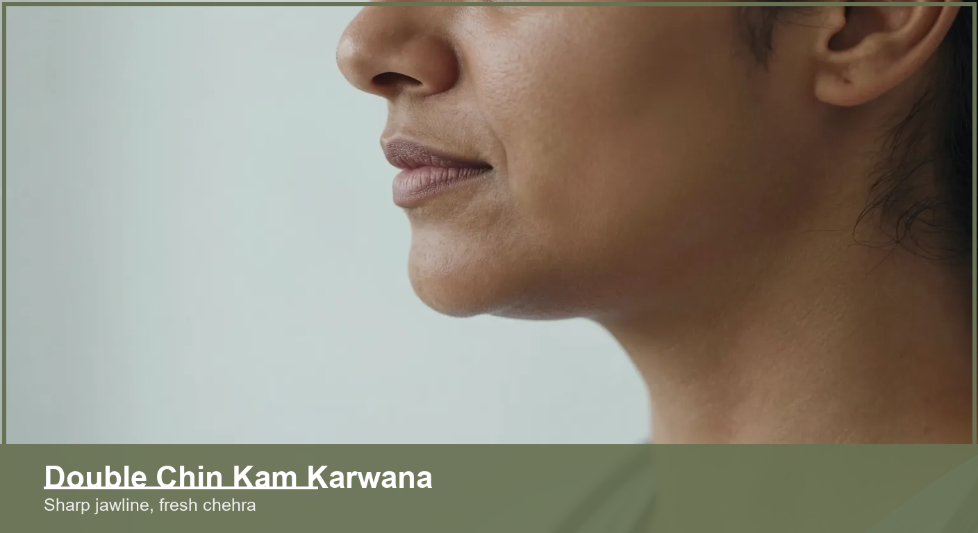 Side profile of an Indian woman's chin, jawline and neck showing a soft double chin area