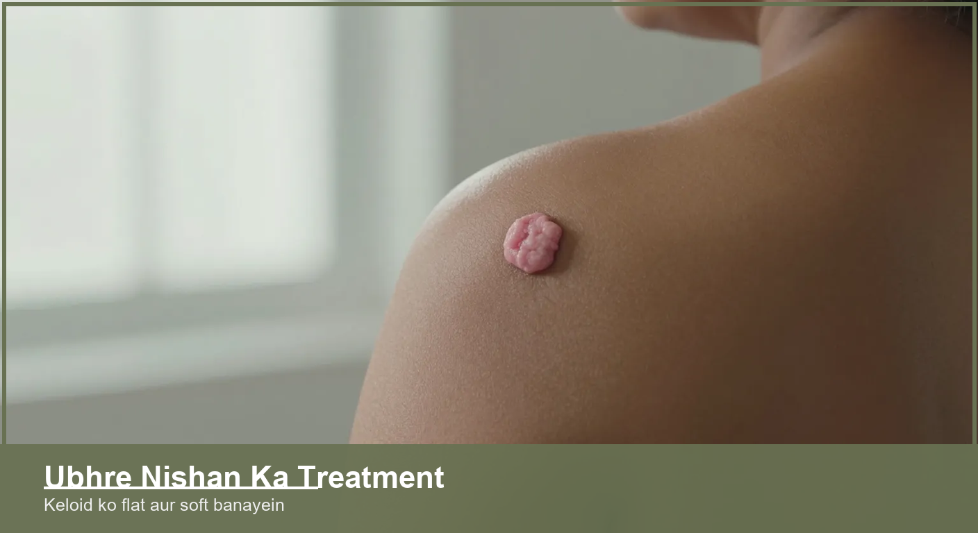 Close view of a raised keloid scar on the shoulder skin of an Indian person, showing thick scar tissue