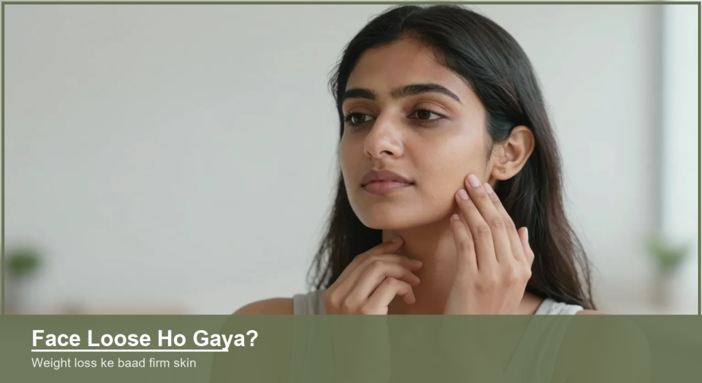 Indian woman gently touching her jawline and cheek, checking loose facial skin after weight loss
