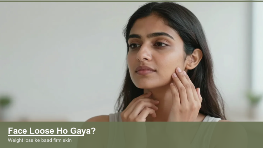 Indian woman gently touching her jawline and cheek, checking loose facial skin after weight loss