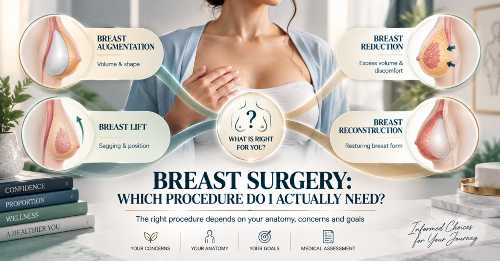 Consultation room where a plastic surgeon explains breast surgery options to a patient