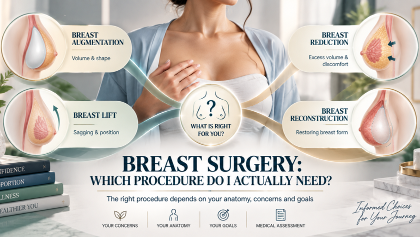 Consultation room where a plastic surgeon explains breast surgery options to a patient