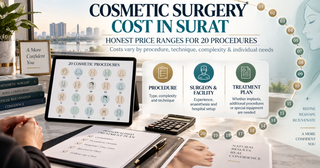 Cost planning chart for cosmetic surgery procedures at a Surat plastic surgery clinic